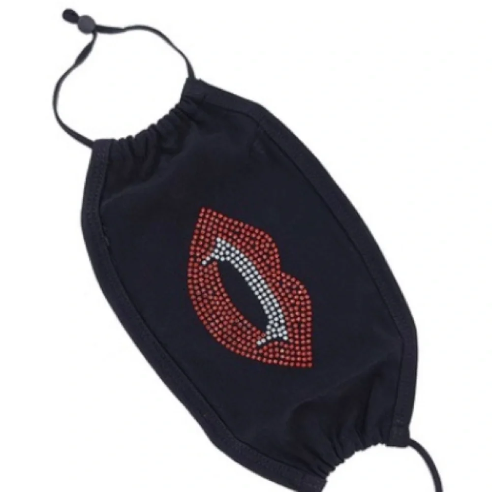 Red Vampire Teeth Black Rhinestone Face Mask